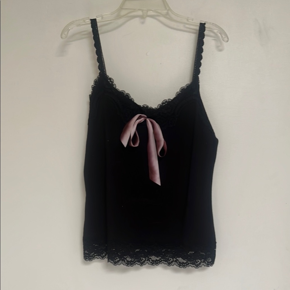Anna Sui Black Lingerie Deco Tank Camisole with Pink Bow L